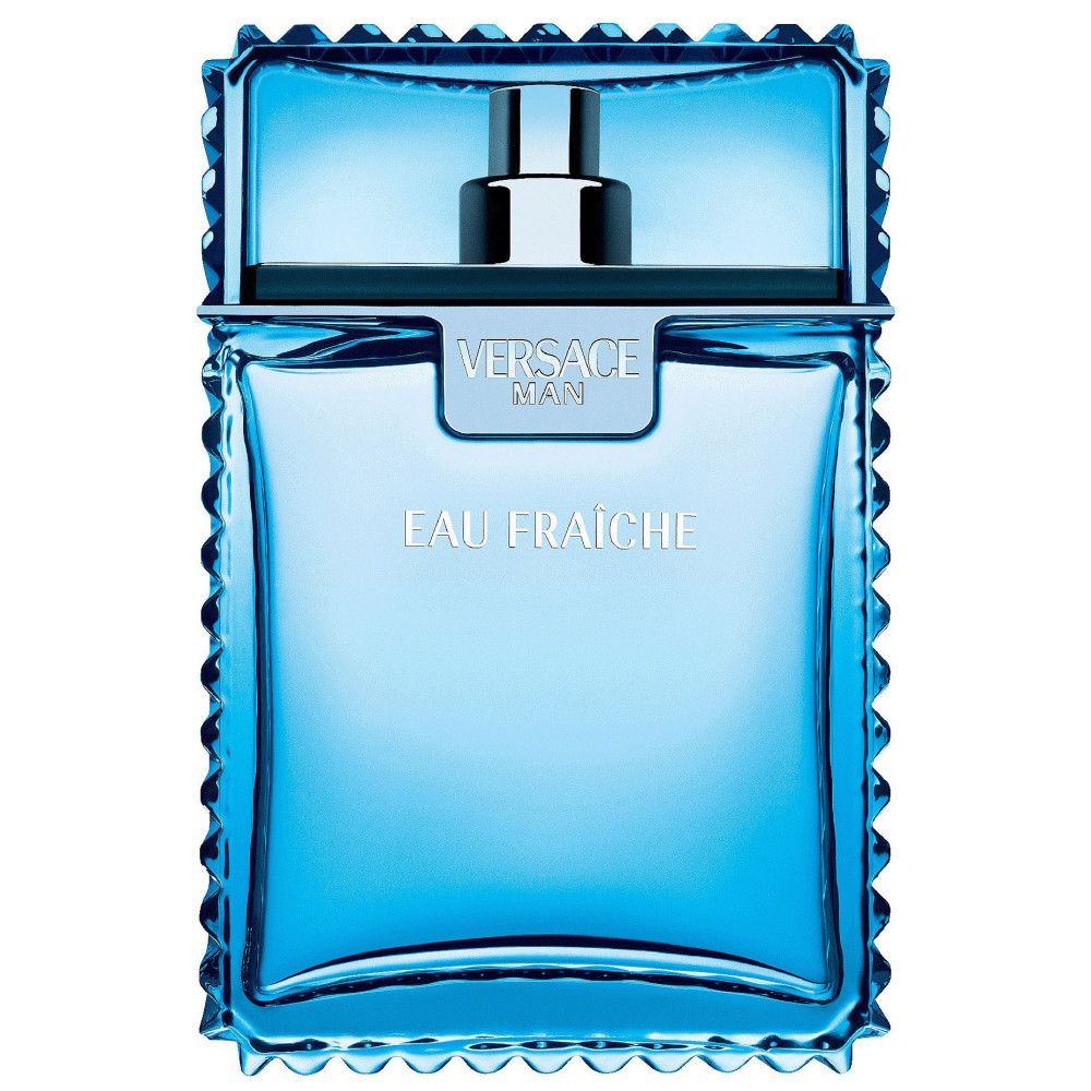 Flacon de parfum bleu. Inscription: VERSACE MAN EAU FRAICHE. Forme carrée avec bords cannelés.