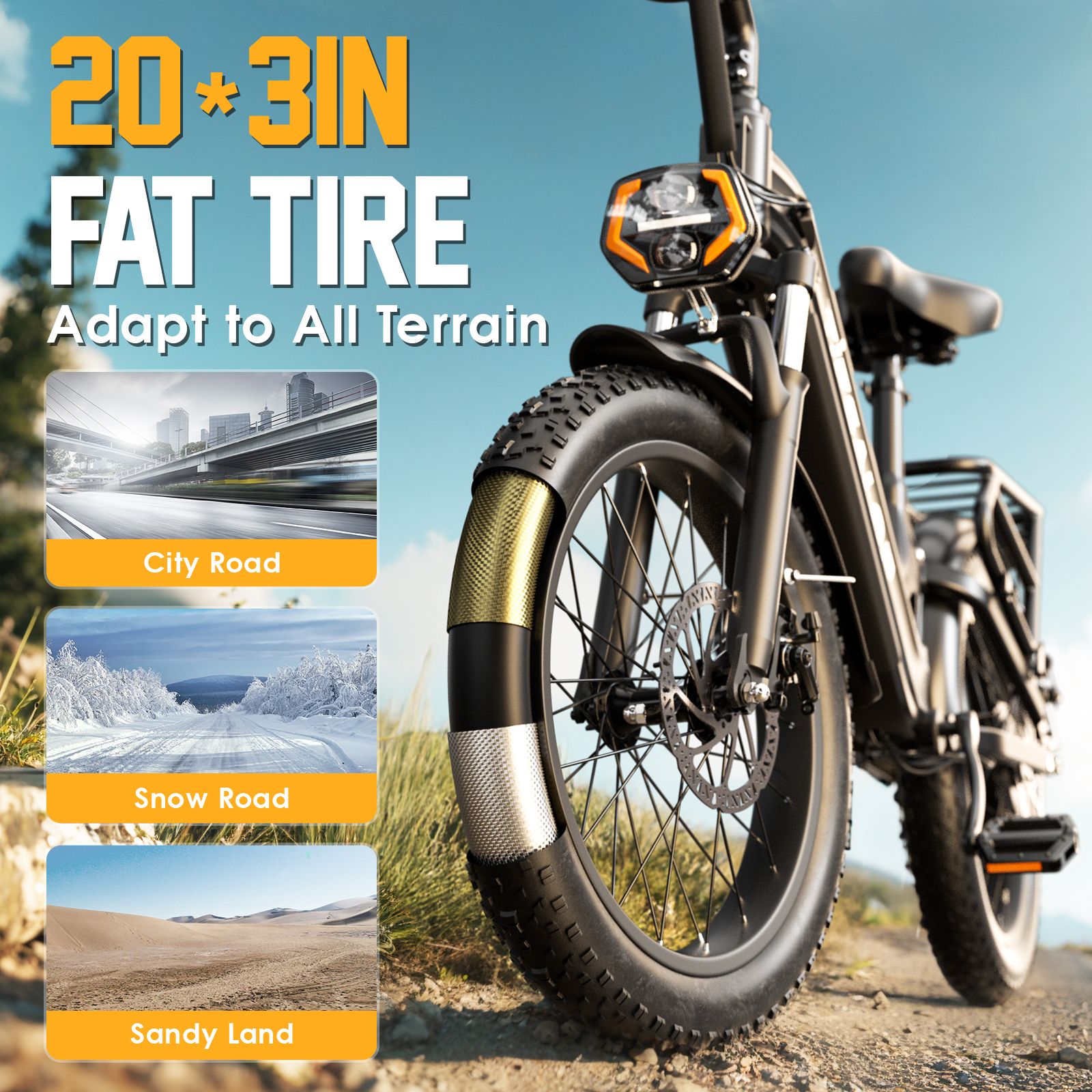 Close-up van een elektrische fietsband. Tekst: 20*3IN FAT TIRE. Geschikt voor stad, sneeuw en zand.