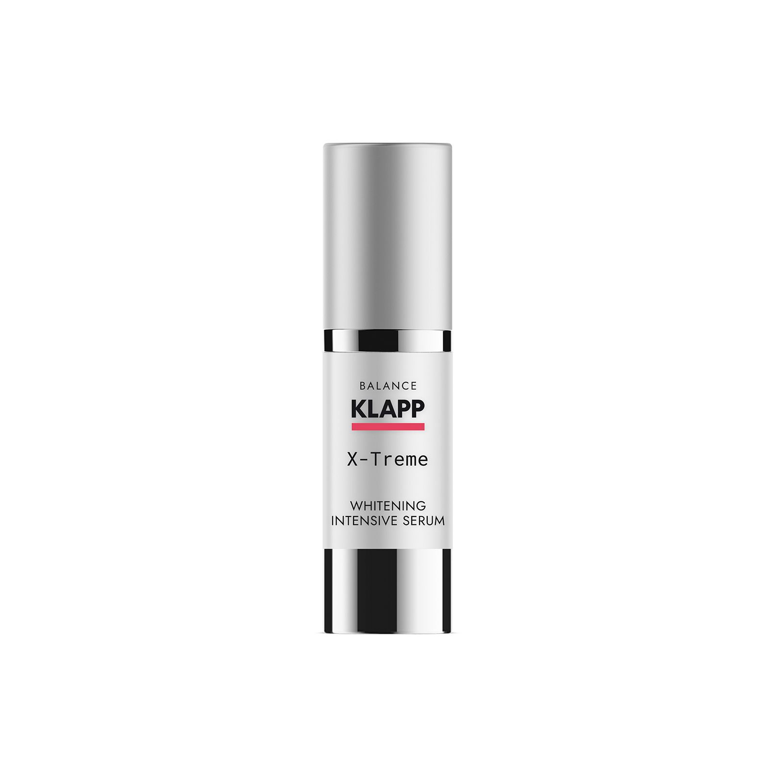 Flacon cylindrique avec bouchon argenté. Inscription: KLAPP, X-Treme, Whitening Intensive Serum.