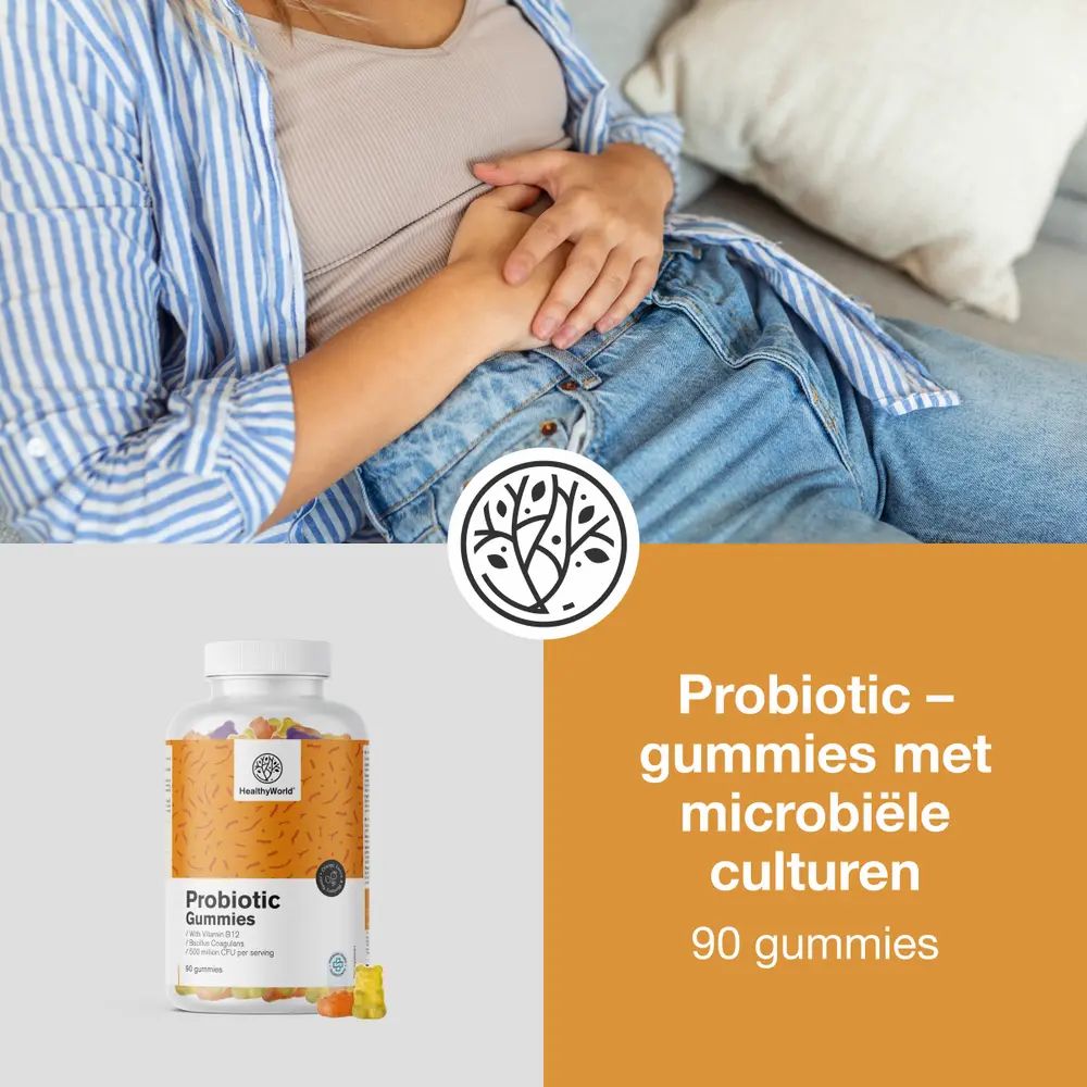 Fles Probiotic Gummis. Tekst: Probiotica - gummies met microbiële culturen. 90 gummies. Premium kwaliteit.