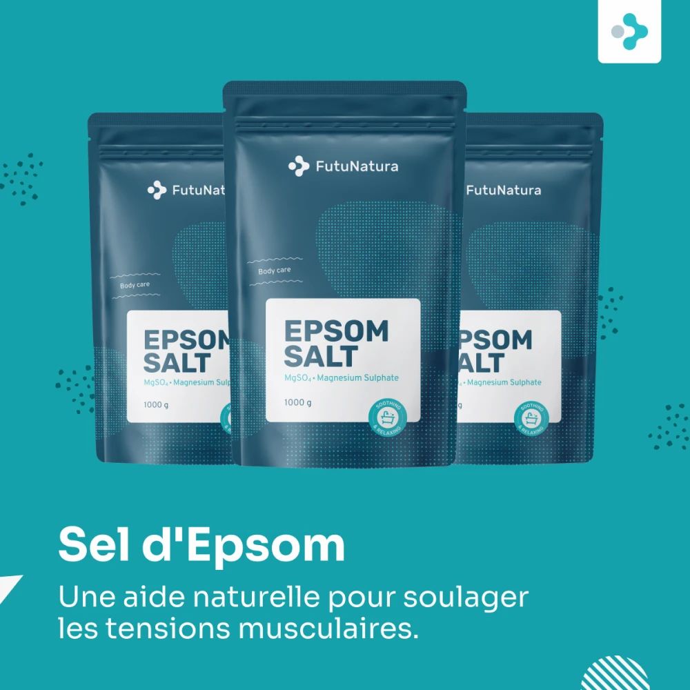 Trois sachets de sel d'Epsom FutuNatura. Texte : Une aide naturelle pour soulager les tensions musculaires.