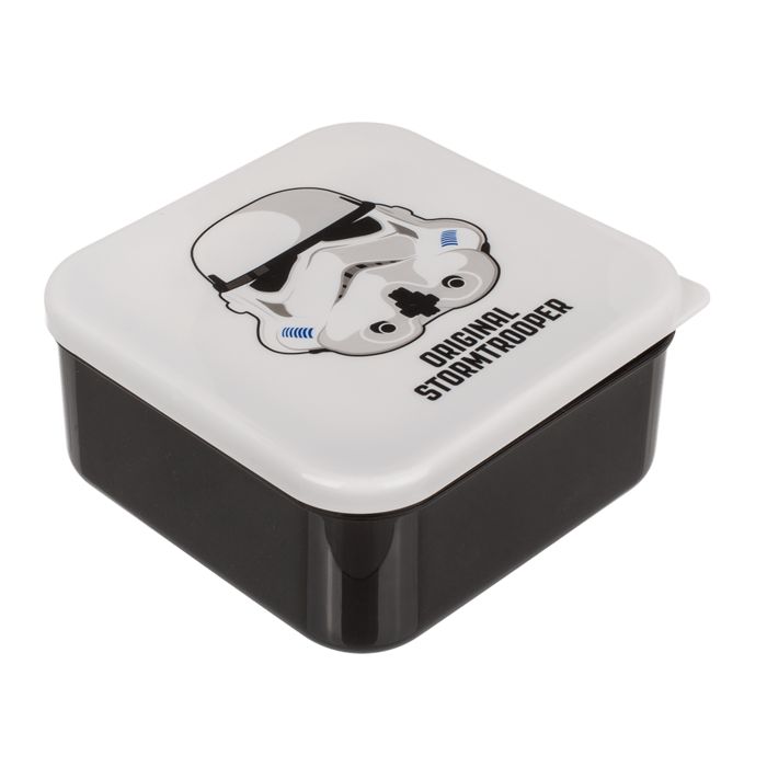 Vierkante lunchbox, zwart met wit deksel, Stormtrooper-motief en opschrift.