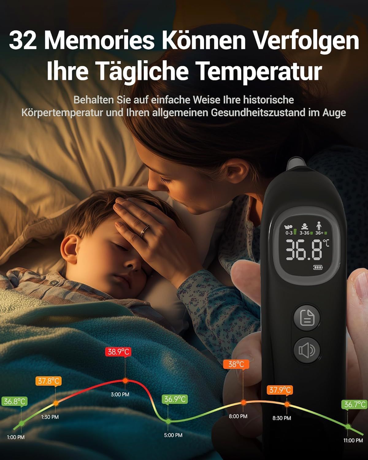 Enfant au lit, la mère mesure la température avec un thermomètre auriculaire. L'écran affiche la température. Texte : 32 mémoires peuvent suivre votre température quotidienne.