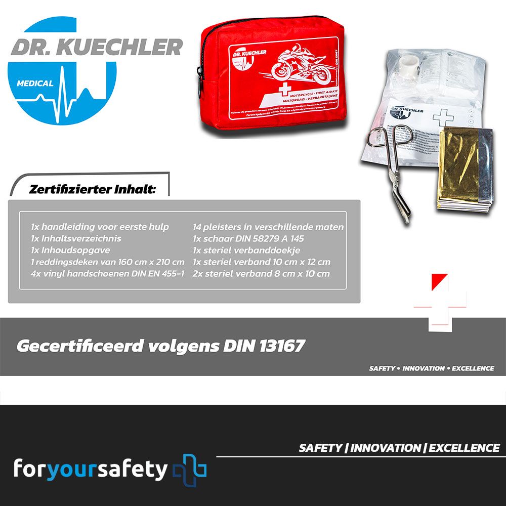 Rode EHBO-tas voor motorfiets met inhoud. Gecertificeerde inhoud. DIN 13167.