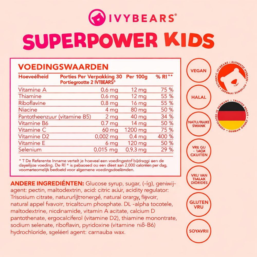 Rode gummybeer met gele oorbeschermers. Certificeringen: Vegan, Halal, GMP, HACCP, SGS, Made in Germany.