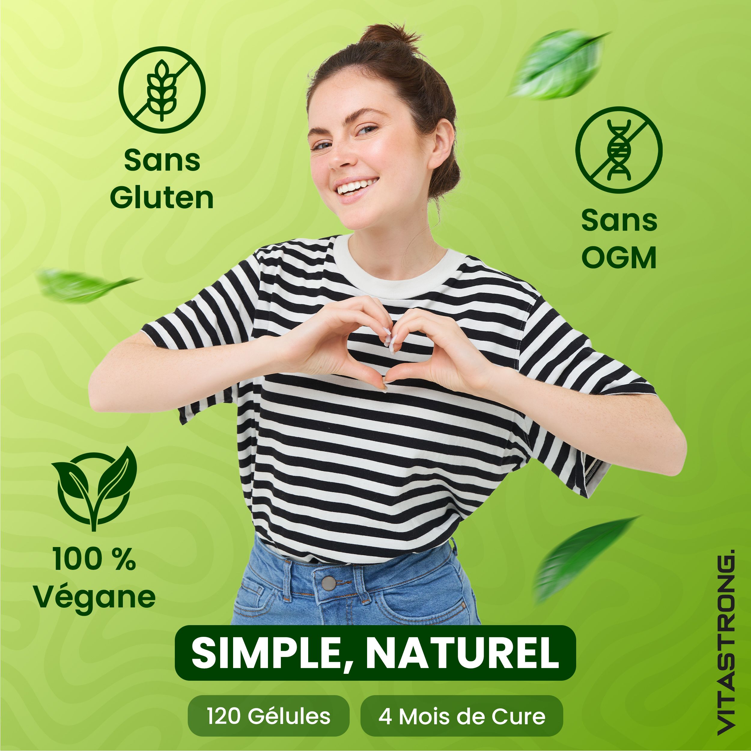 Vrouw vormt hart met handen. Tekst: Eenvoudig, natuurlijk. 120 capsules, kuur van 4 maanden.