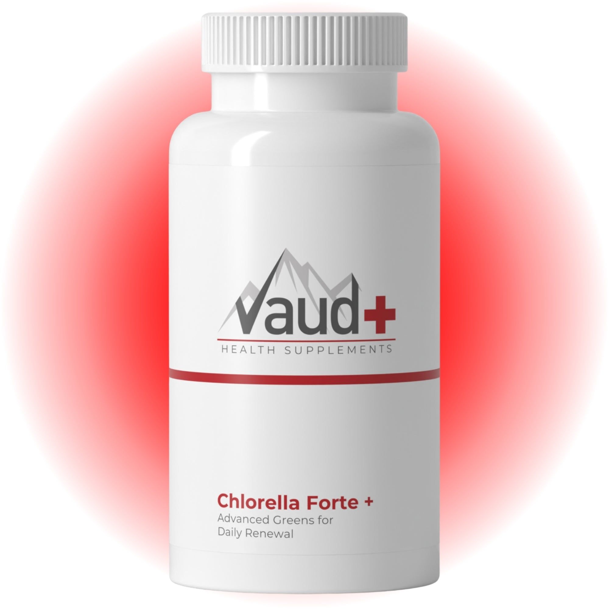 Witte fles met schroefdop. Opschrift: Vaud+ Health Supplements, Chlorella Forte. Rode achtergrond.
