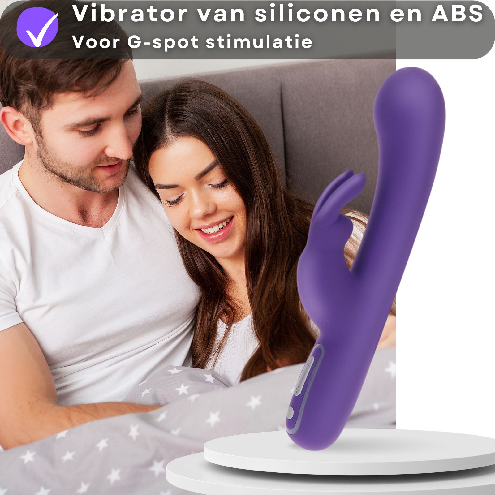 Paarse vibrator. Siliconen en ABS. Voor G-spot stimulatie. Paar op achtergrond.