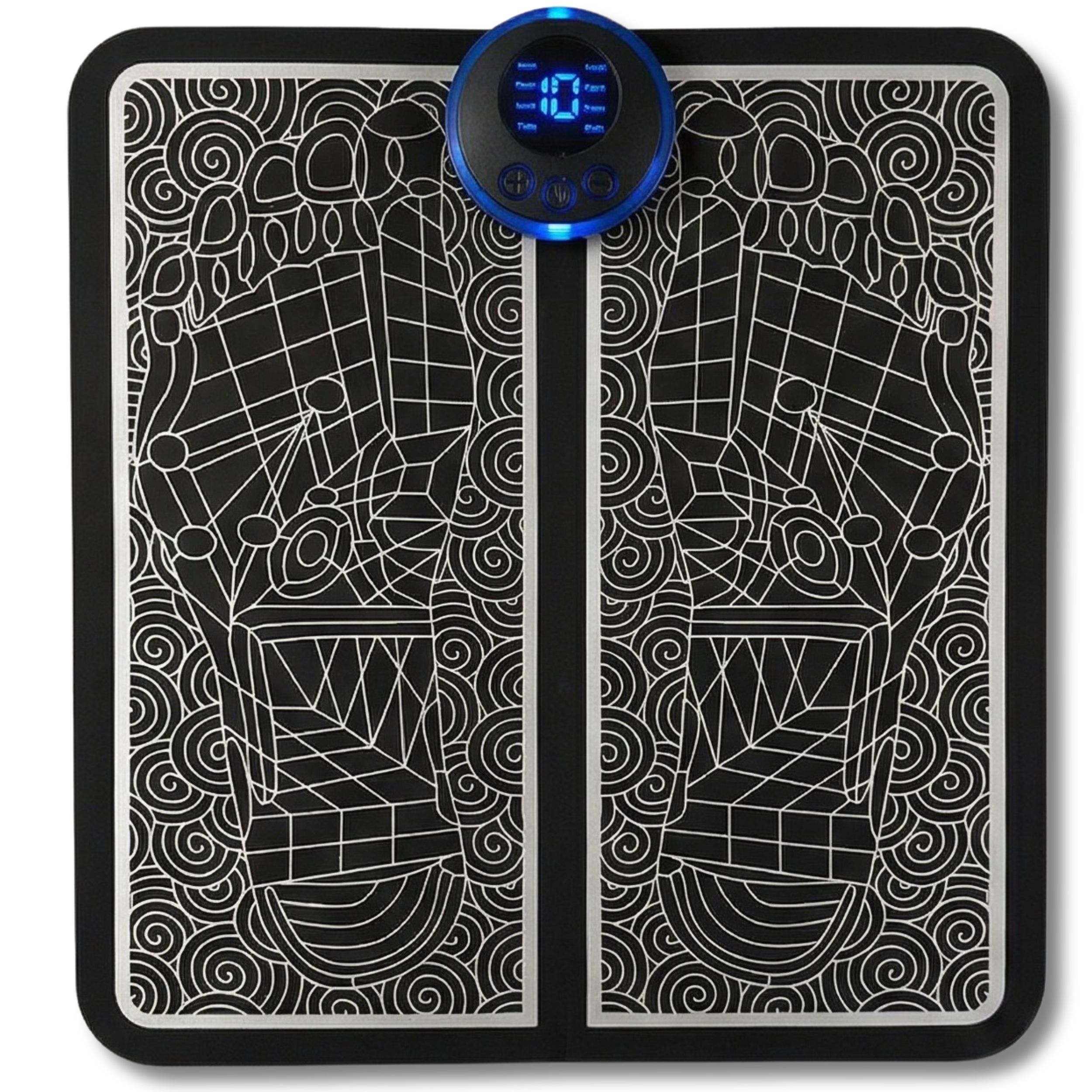 Tapis EMS avec écran, montrant des empreintes de pieds et des motifs.