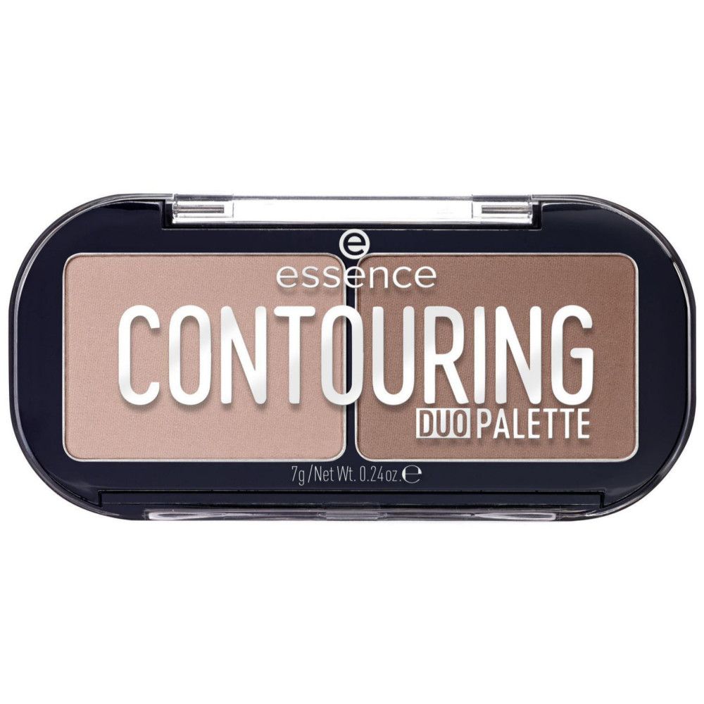 Palette de contouring à deux teintes. Emballage noir avec inscription : essence CONTOURING DUO PALETTE. Poids : 7g/Net Wt. 0.24oz.