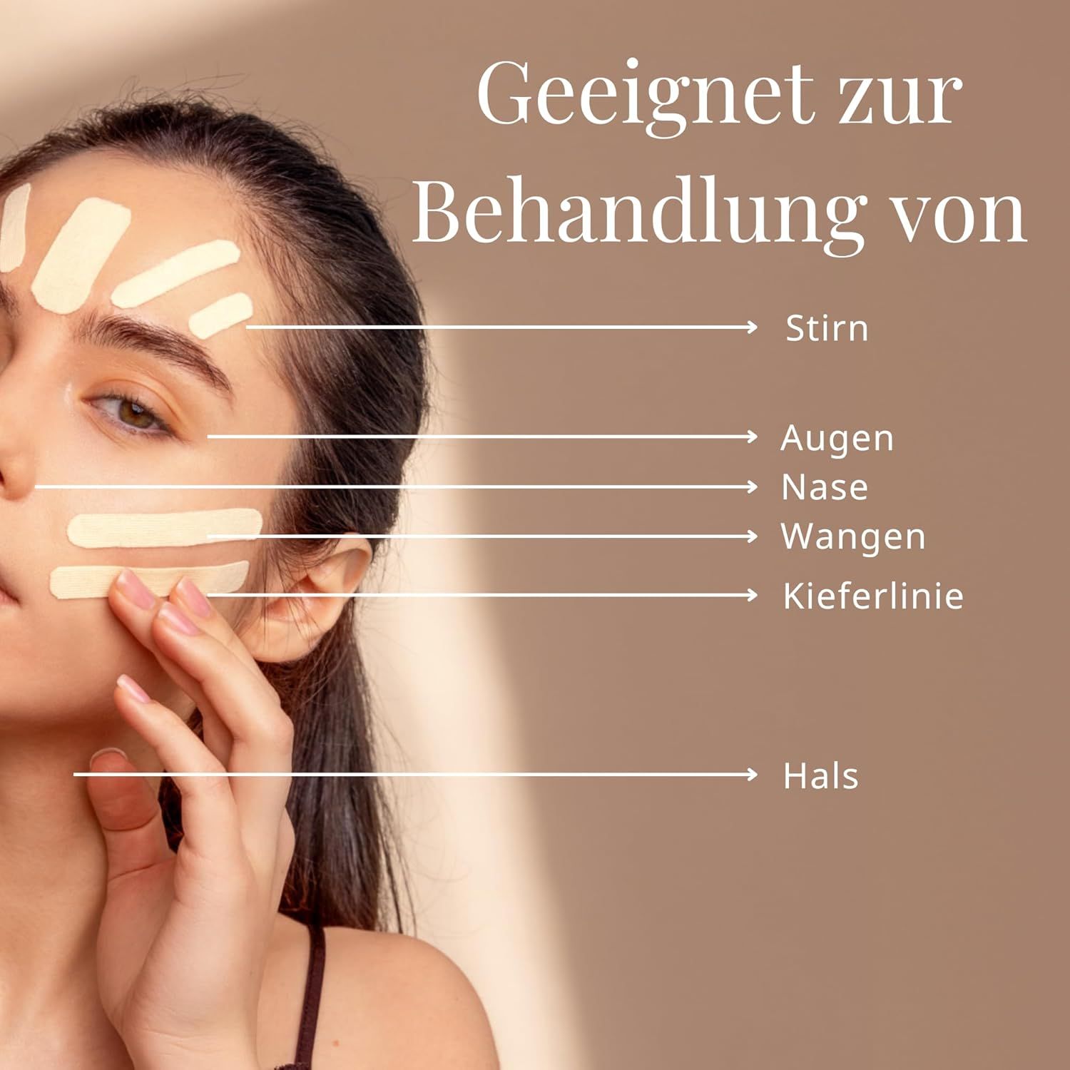 Gezicht van vrouw met aangebrachte Kinesio Tape voor behandeling van voorhoofd, ogen, neus, wangen, kaaklijn, nek.