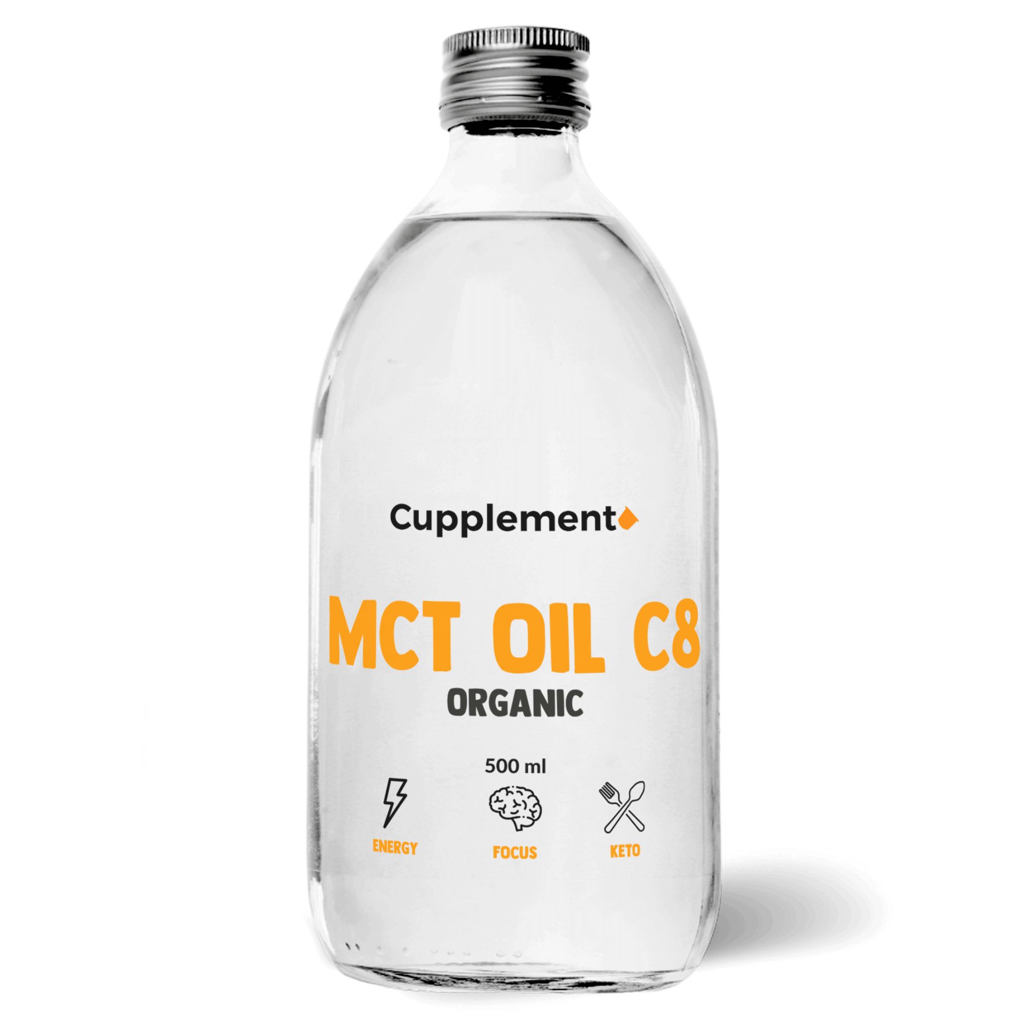 Transparante glazen fles met etiket "Cupplement MCT OIL C8 ORGANIC". Symbolen voor energie, focus en keto.