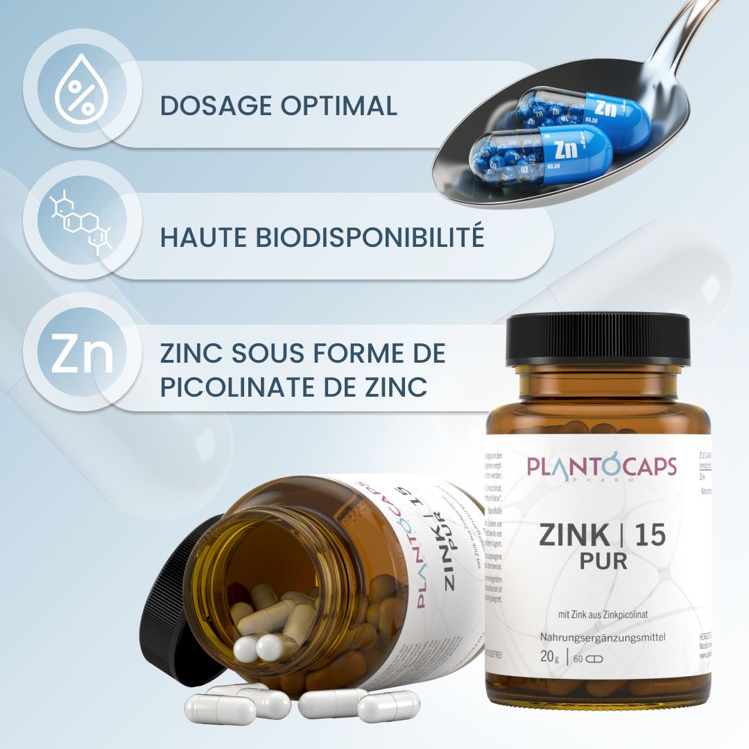 Flacon Zinc 15 PUR avec gélules tombant et cuillère avec gélules.
