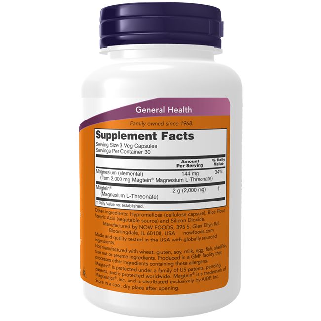 Flacon blanc, bouchon violet. Étiquette avec informations nutritionnelles et ingrédients. Texte: Magnesium L-Threonat, 90 Veg-Kapseln.