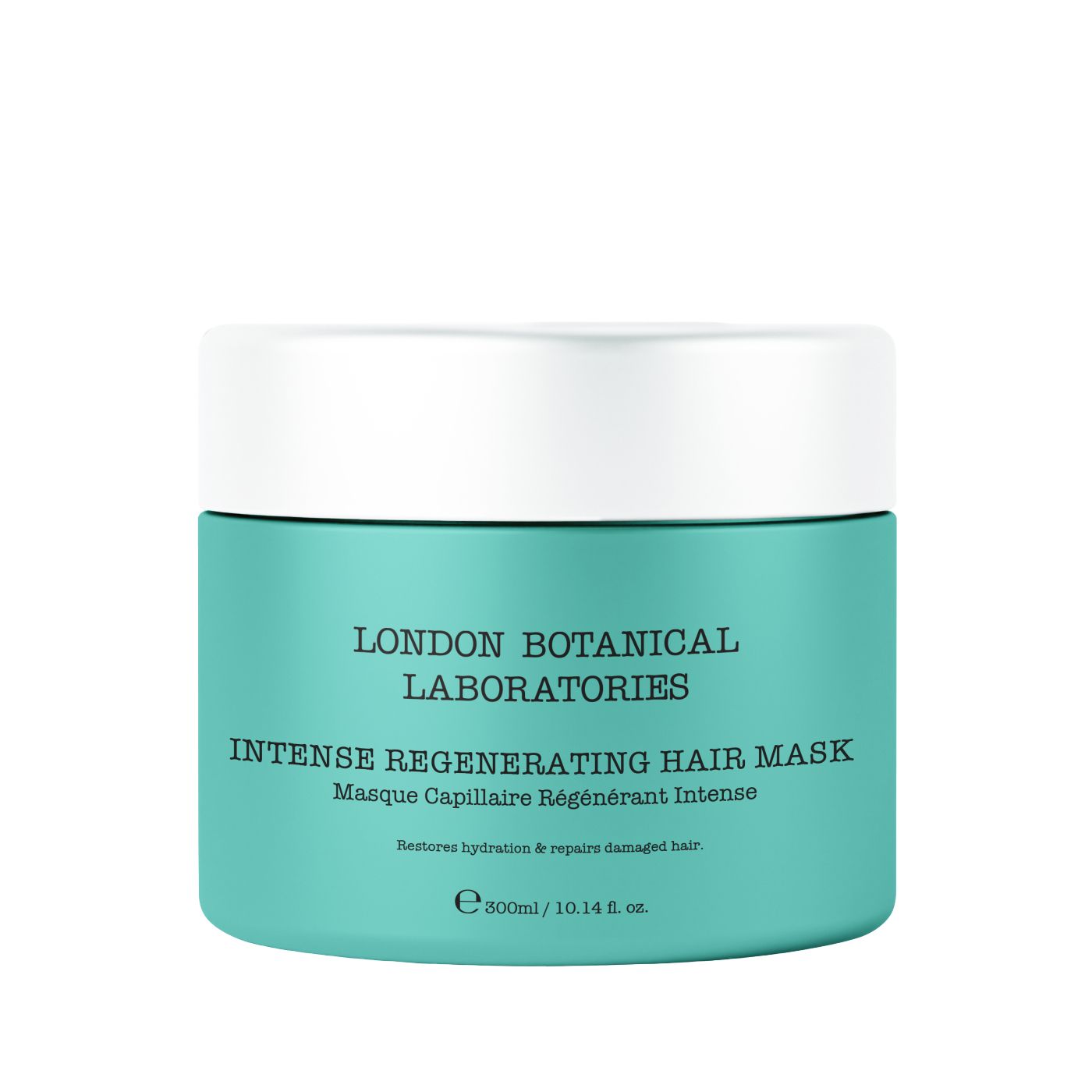 Pot turquoise à couvercle blanc. Inscription: London Botanical Laboratories, Intense Regenerating Hair Mask, Masque Capillaire Régénérant Intense.