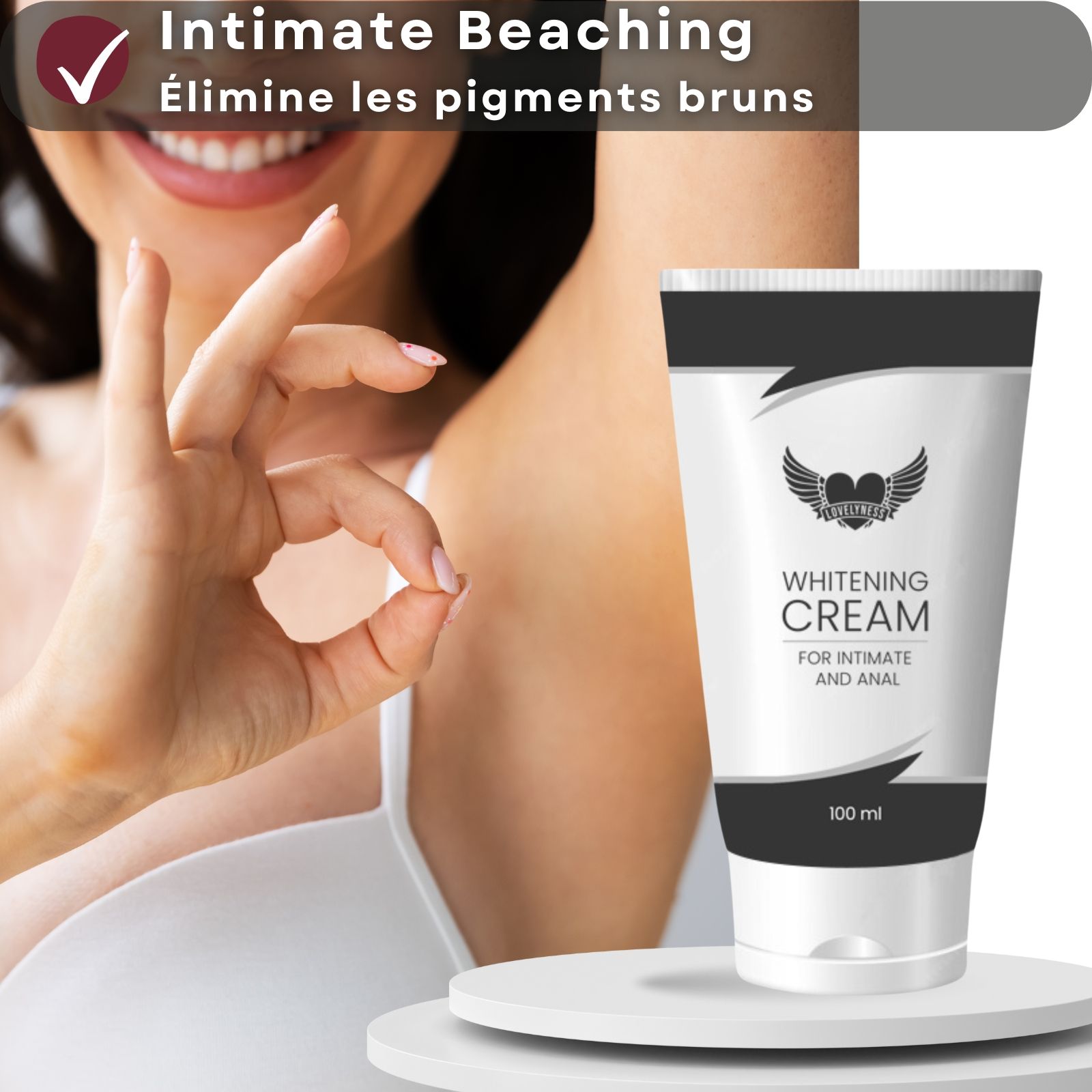 Produit crème en tube blanc. Texte: Whitening Cream, For Intimate and Anal. 100 ml. Sur socle.