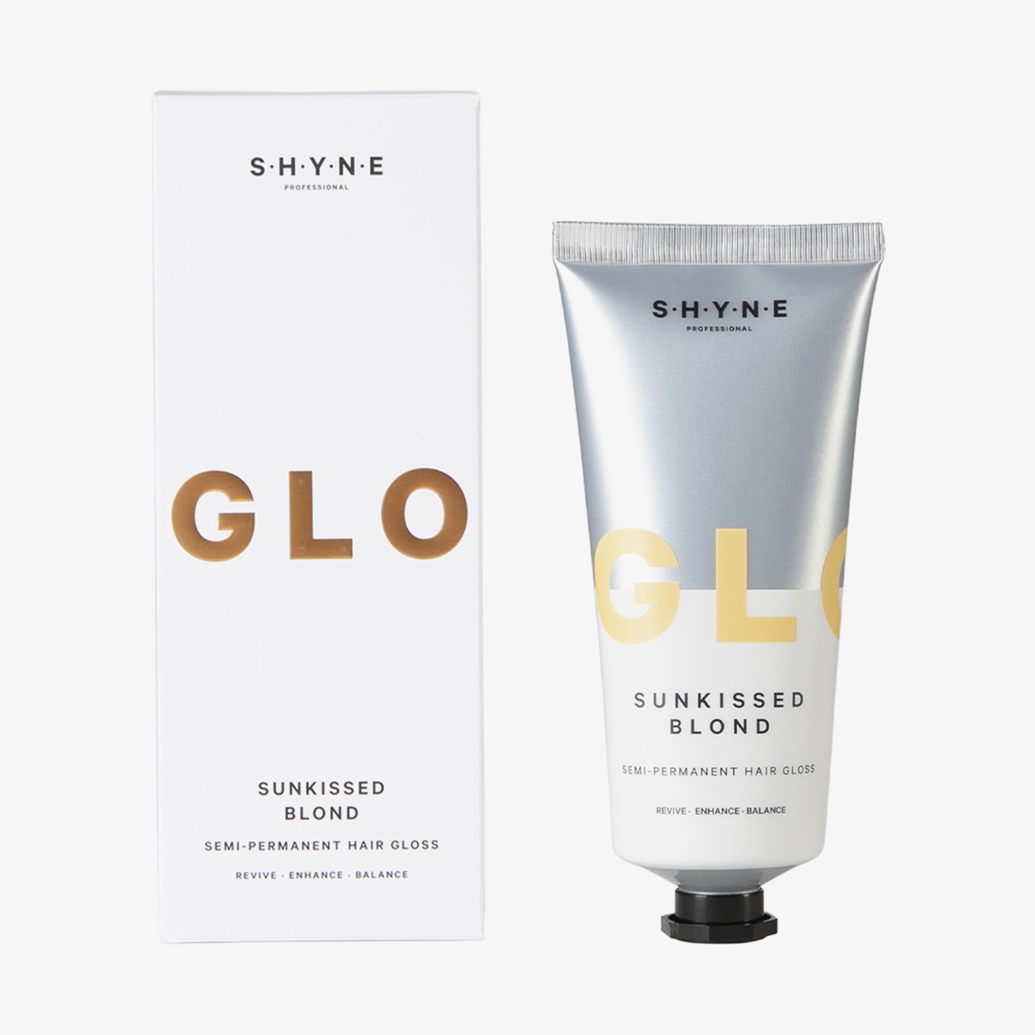 SHYNE Gloss Sunkissed Blond, tube et emballage. Emballage blanc avec lettrage jaune GLOW. Tube avec nom du produit.