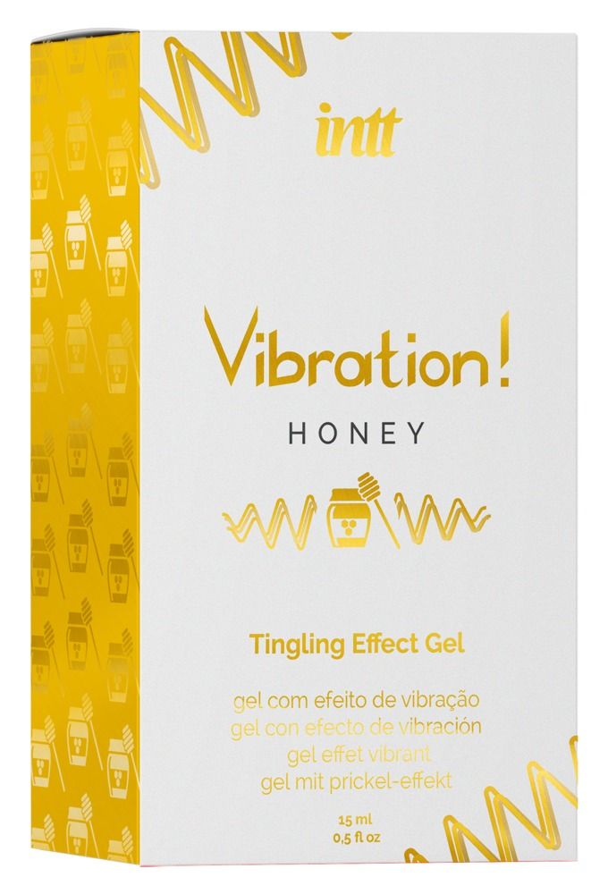 Emballage INTT Vibration! Honey Tingling Effect Gel avec lignes ondulées jaunes.