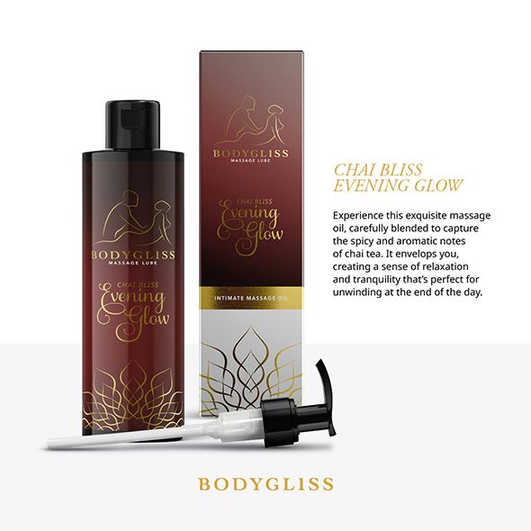 Flacon et emballage Bodygliss. Inscription: Chai Bliss Evening Glow. Texte sur le produit.