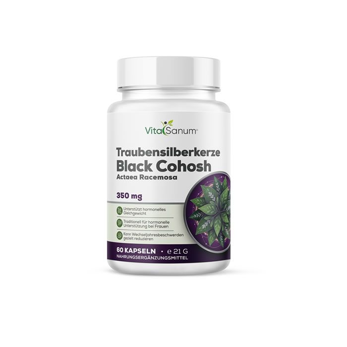 VitaSanum® fles met Traubensilberkerze Black Cohosh capsules. 60 capsules. 350 mg. Witte plastic fles met witte dop.