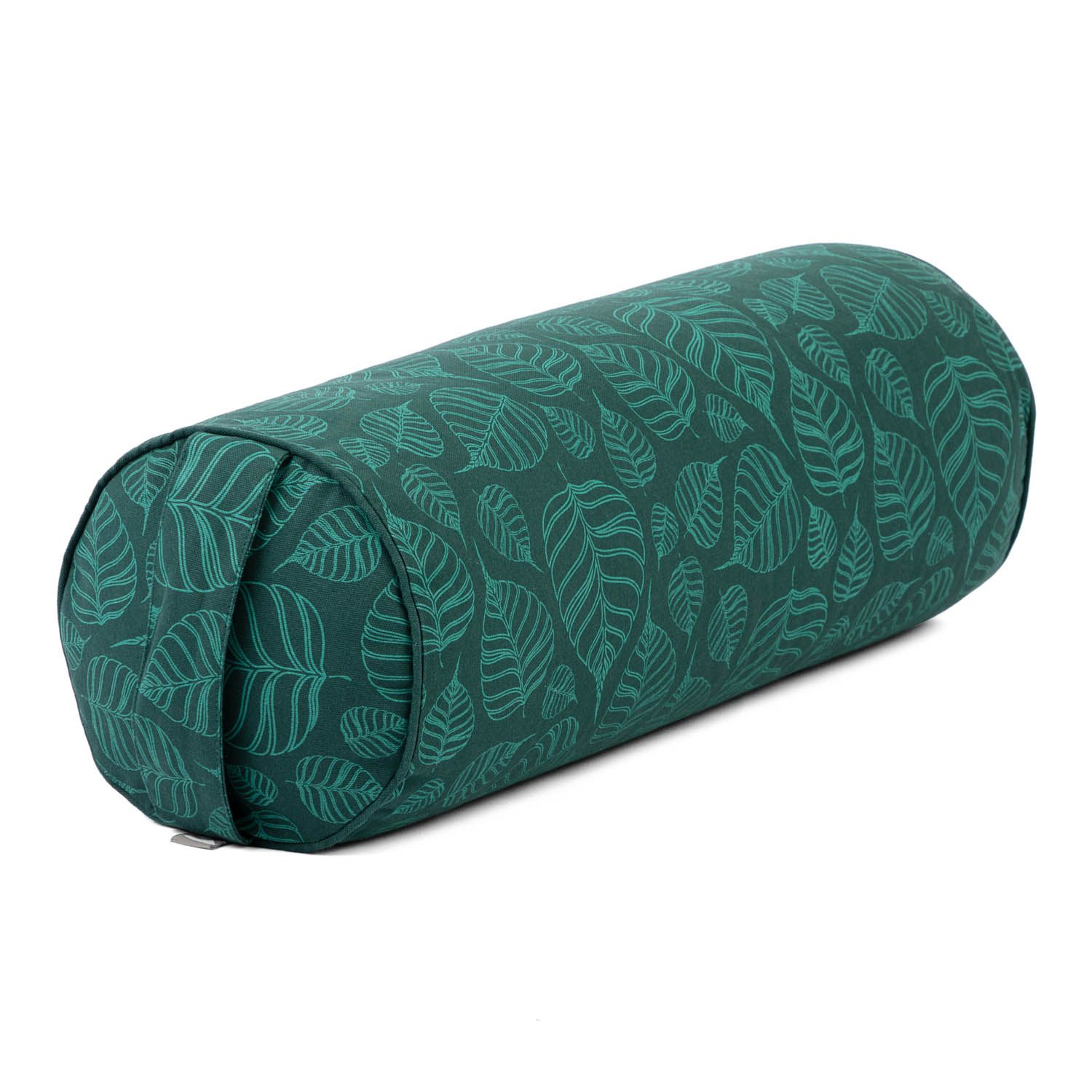 Bolster de yoga rond à motifs de feuilles. Vert avec feuilles vert clair. Forme cylindrique. Housse en tissu.