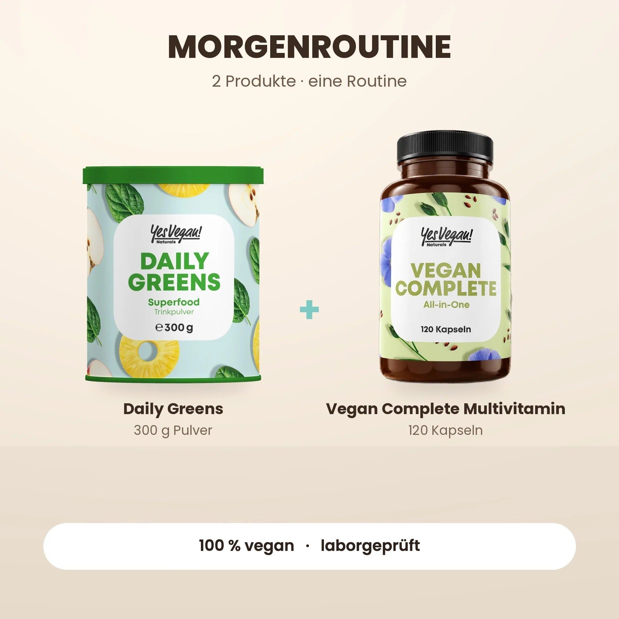 Trois produits Yes Vegan : Daily Greens Superfood en poudre (300g) et Vegan Complete Multivitamin (120 gélules).