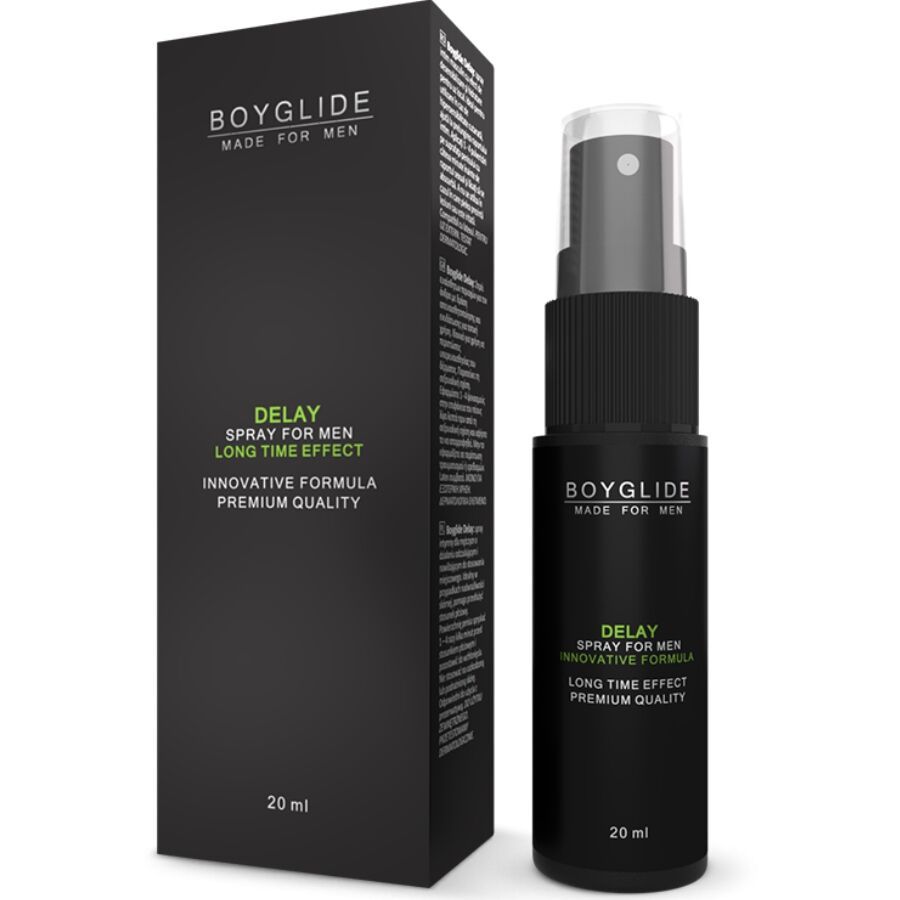 Zwarte fles en verpakking. Opschrift: BOYGLIDE, Delay, Spray for men, 20 ml. Met verstuiver.