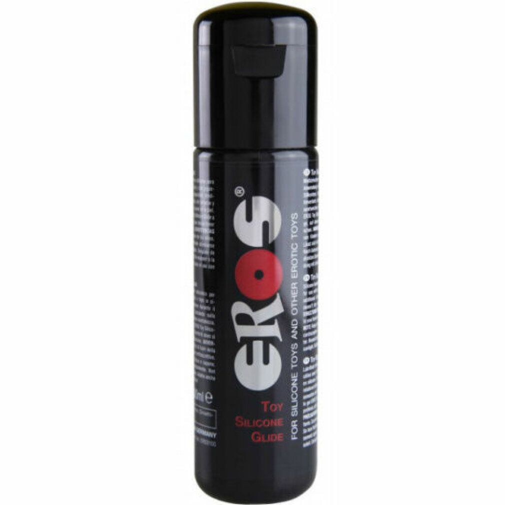 Flacon noir avec bouchon rabattable. Inscription "Eros" et "Toy Silicone Glide".