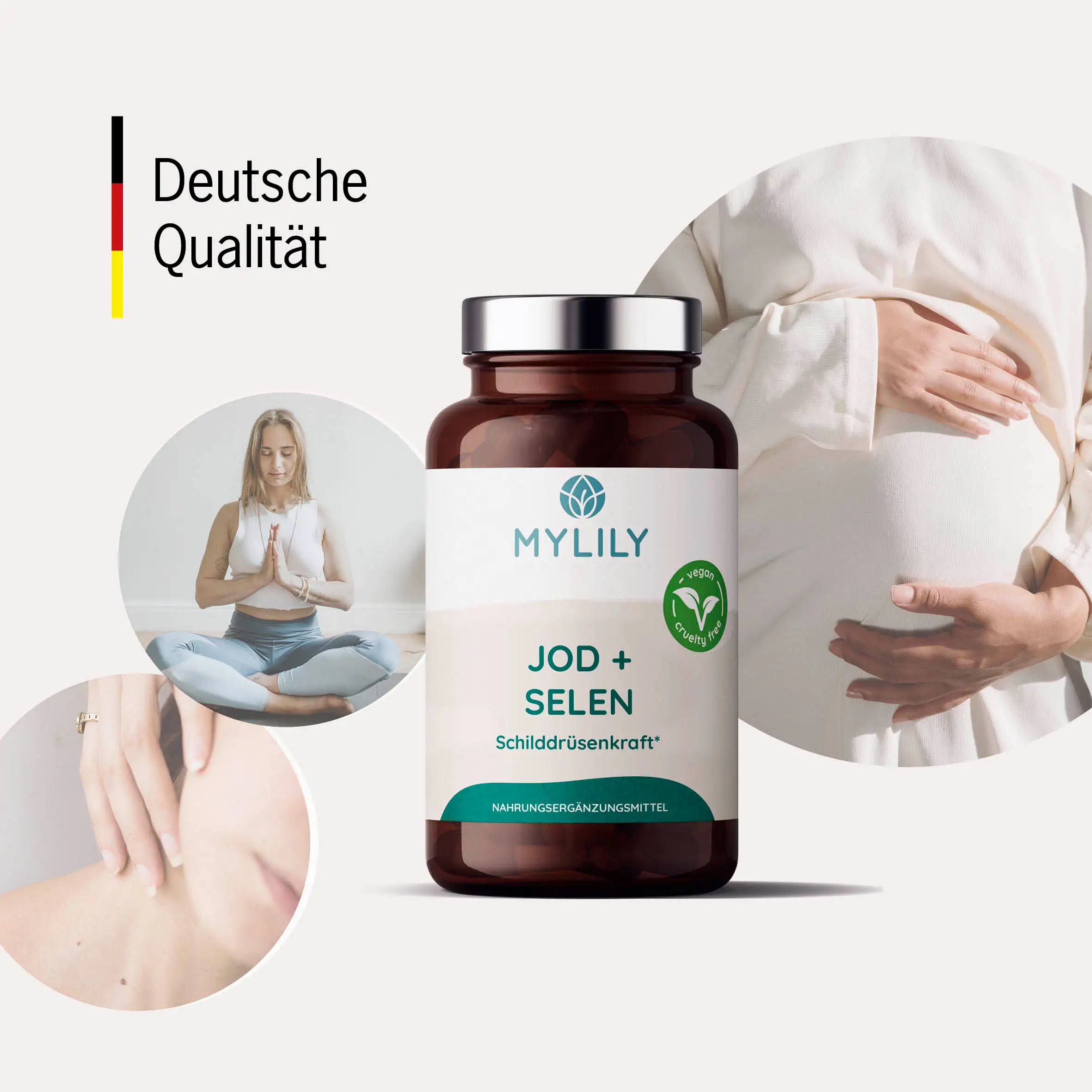 Productfles met label, daarnaast afbeeldingen van vrouwen. Duitse kwaliteit. Vegan-zegel.