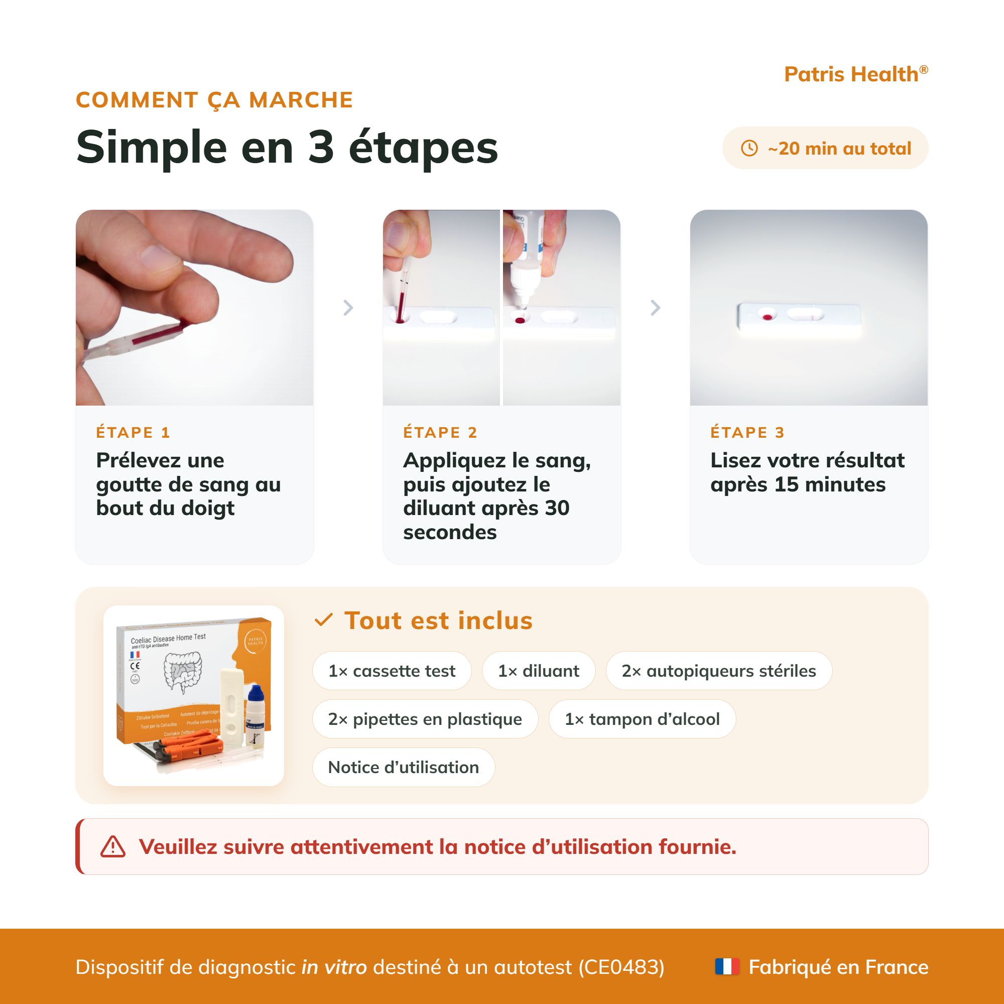 Page française : Comment fonctionne le test de dépistage de la maladie cœliaque en 3 étapes.