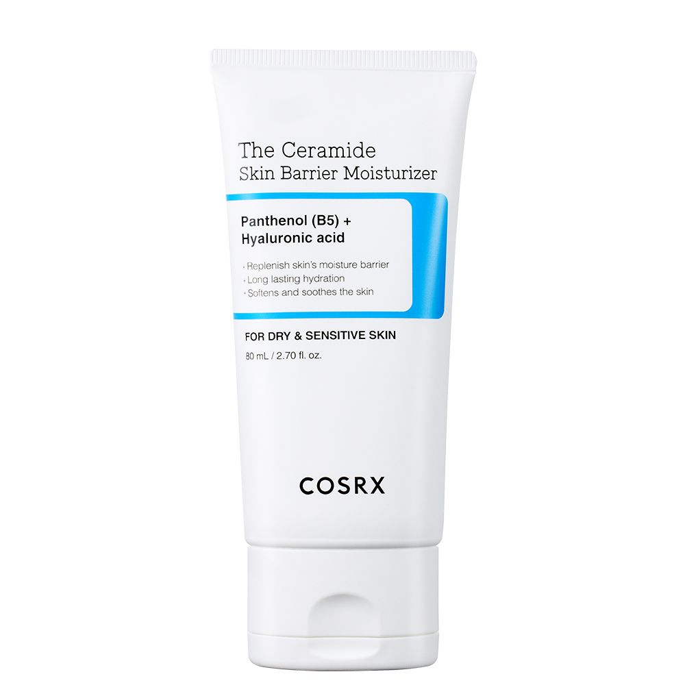 Tube blanc de crème hydratante COSRX The Ceramide Skin Barrier avec étiquette bleue.