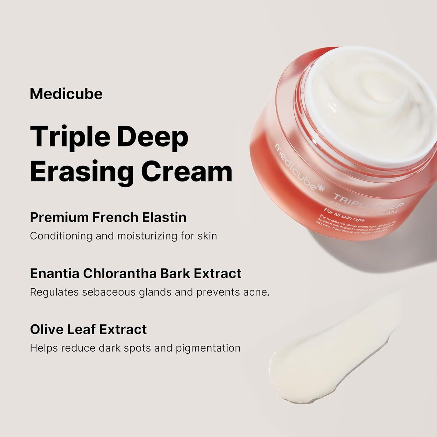 Pot de crème rose avec crème. Inscription: Triple Deep Erasing Cream. Marque: Medicube. Texte: Premium French Elastin.