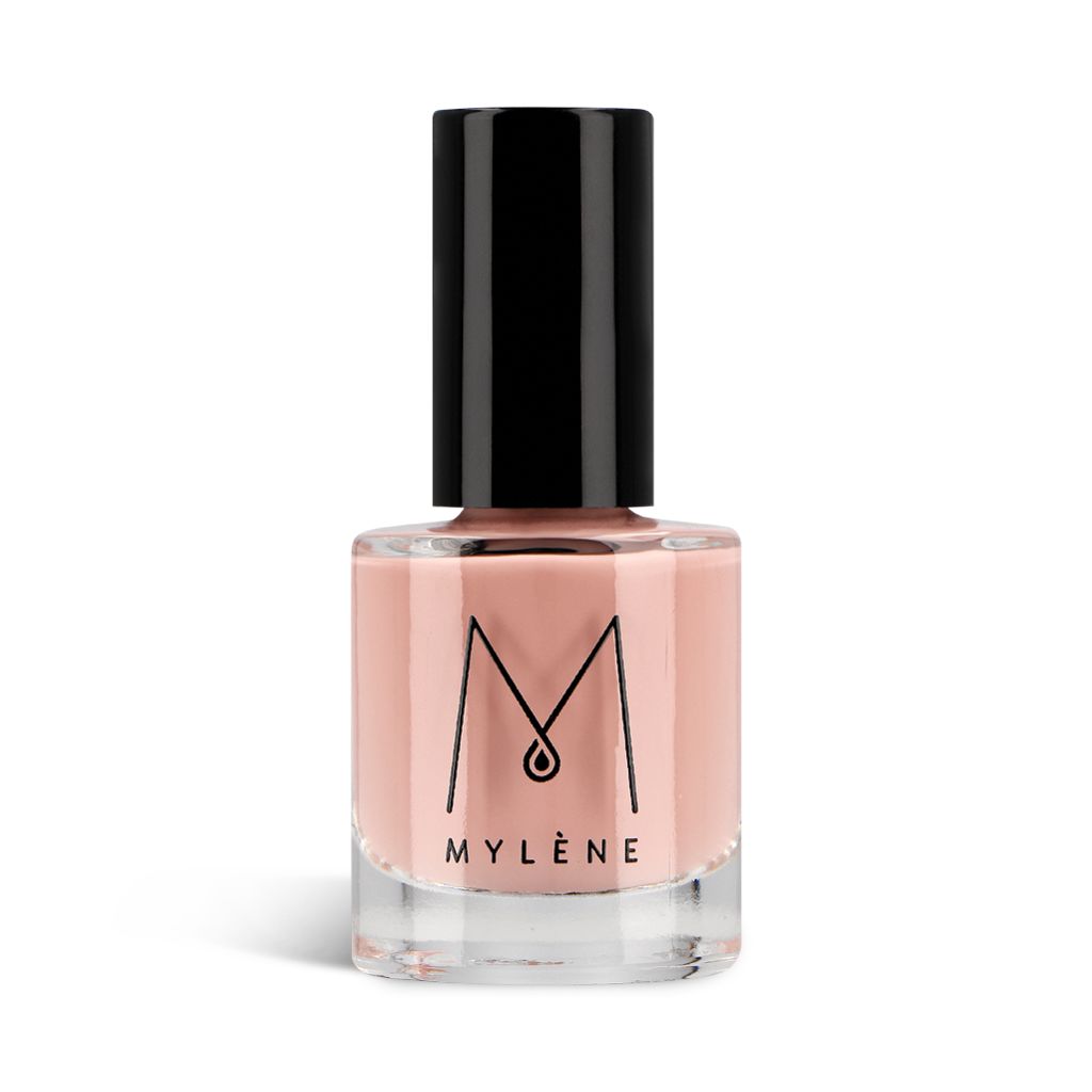 Un flacon de vernis à ongles avec bouchon noir. Le logo Mylène est visible sur le flacon. Couleur : Cashmere.
