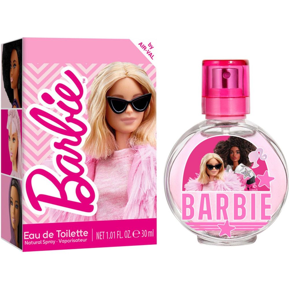 Flacon et boîte roses. Inscription "Barbie Eau de Toilette". Image d'une poupée avec des lunettes de soleil.