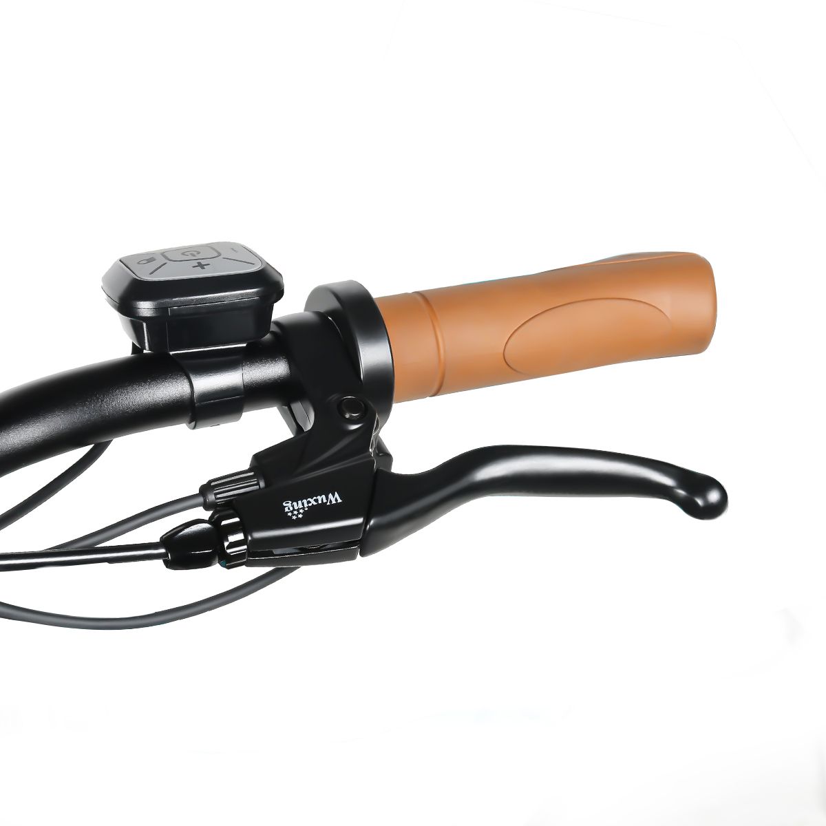 Stuur met bruine handgreep, remhendel en bedieningselementen. Zwarte details.