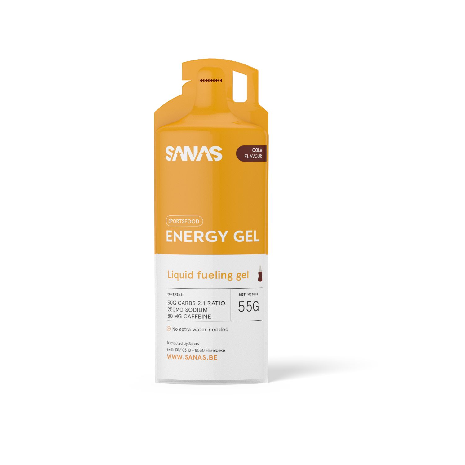 Pochette de gel énergétique orange, saveur cola. Contient 55g, 30g de glucides, 80mg de caféine.