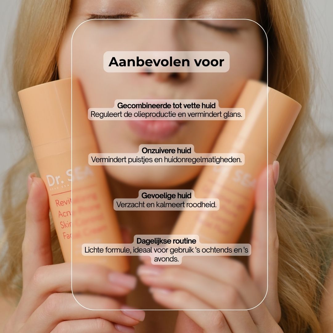 Twee crèmetubes. Tekst: Gecombineerde tot vette huid, onzuivere huid, gevoelige huid, dagelijkse routine.