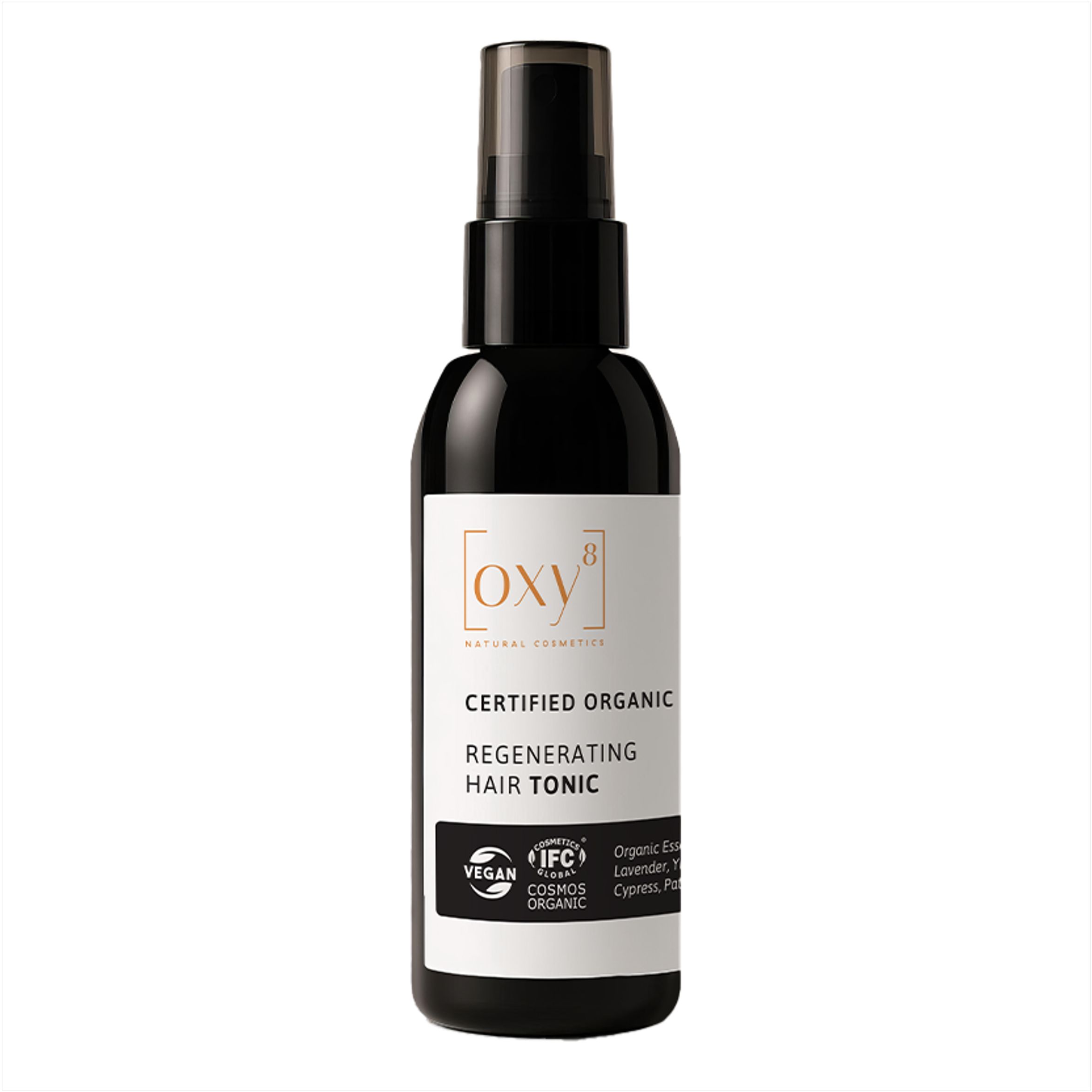 Flacon noir avec vaporisateur. Inscription : oxy8, Regenerating Hair Tonic, Vegan, COSMOS ORGANIC.