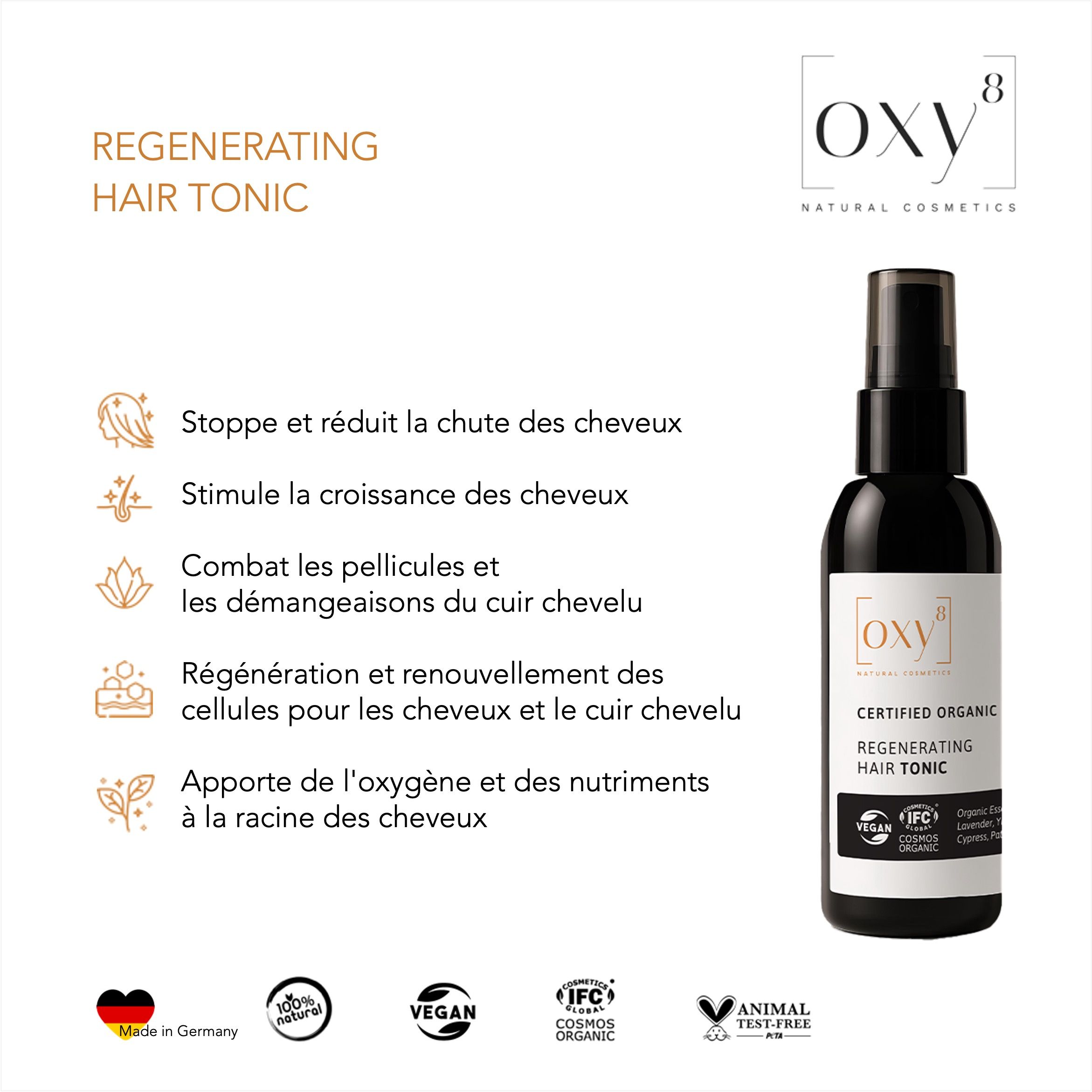 Image produit avec texte. Flacon noir avec vaporisateur. Texte : Regenerating Hair Tonic, arrête la chute des cheveux, stimule la croissance.