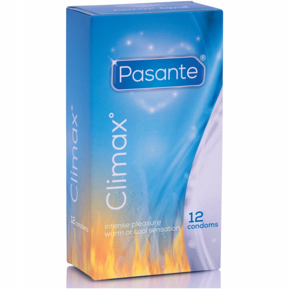Boîte de préservatifs Pasante Climax°. 12 préservatifs. Inscription : Intense pleasure, warm or cool sensation.