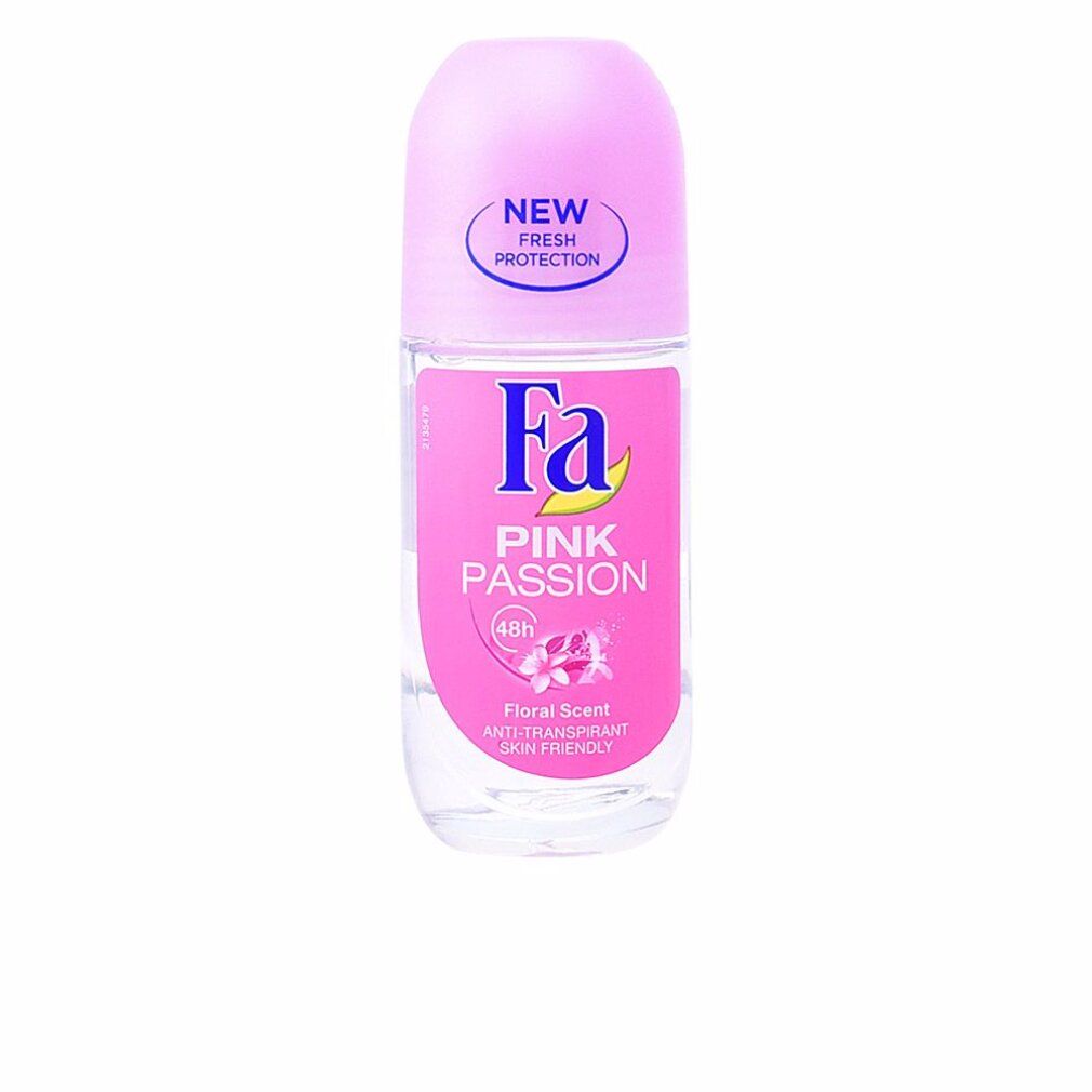 Roze roll-on deodorant. Opschrift: Fa Pink Passion, Floral Scent, Anti-Transpirant, Skin Friendly. Met "New Fresh Protection".