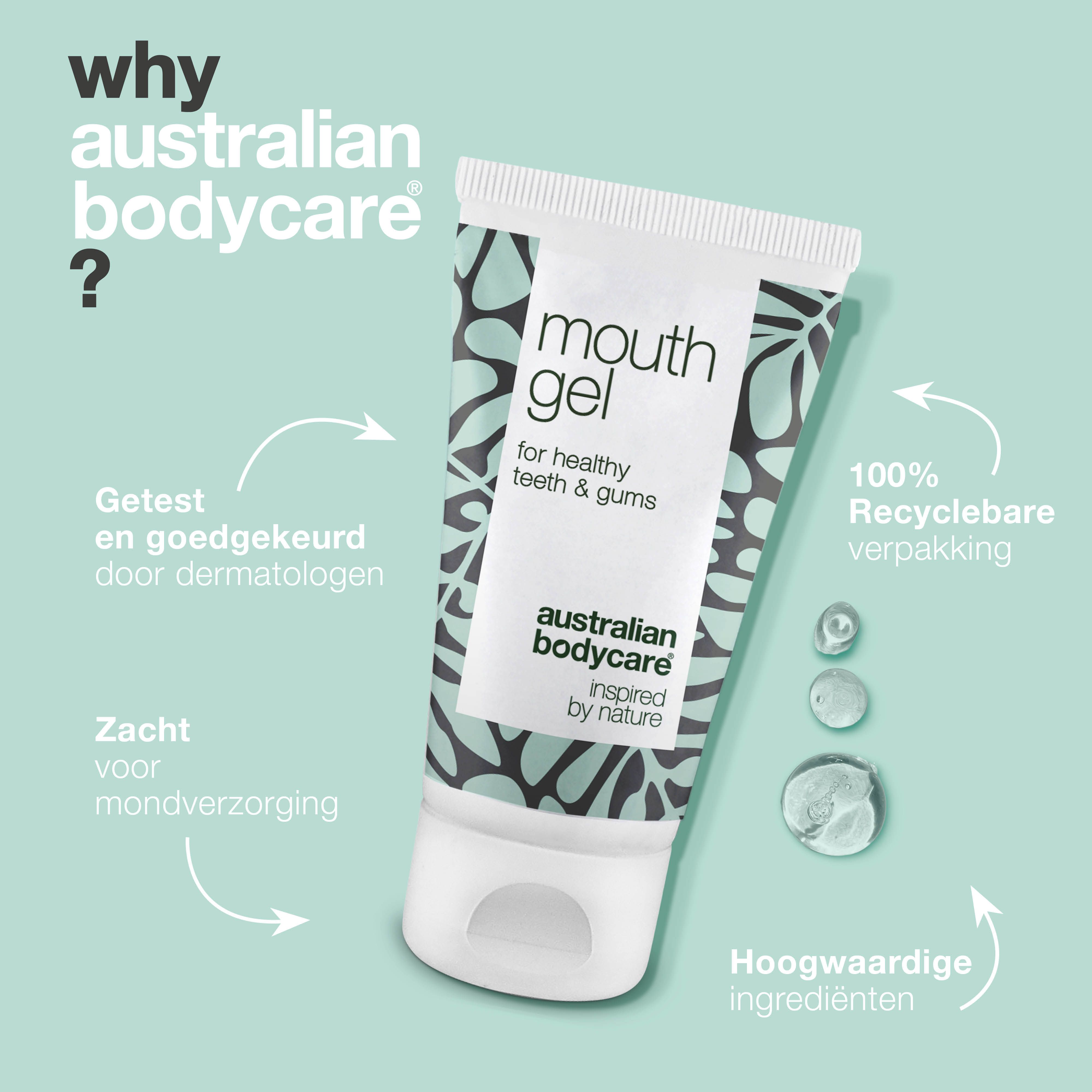 Reclamebeeld: mondgel-tube. Tekst: mouth gel, for healthy teeth & gums, Australian Bodycare.