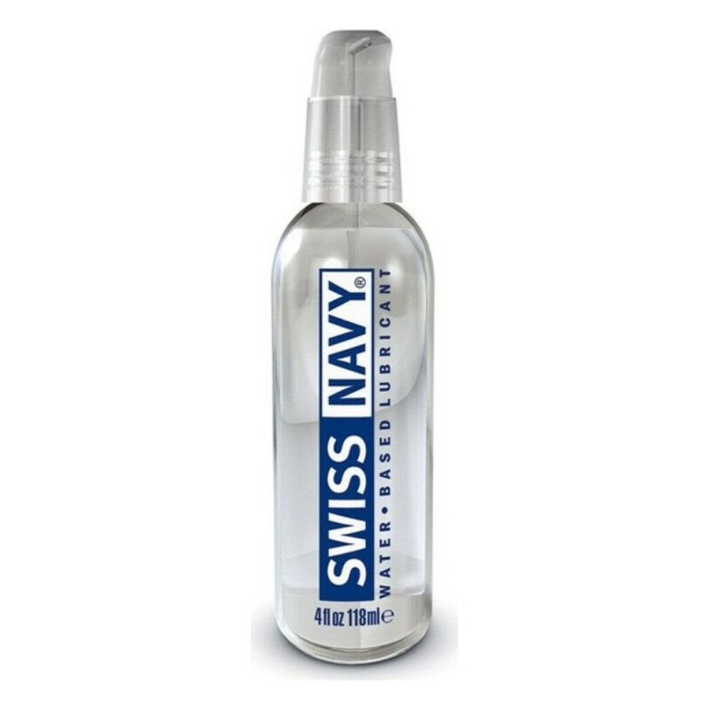 Flacon transparent avec pompe. Étiquette bleue "SWISS NAVY WATER BASED LUBRICANT". Bas : "4 fl oz 118ml".