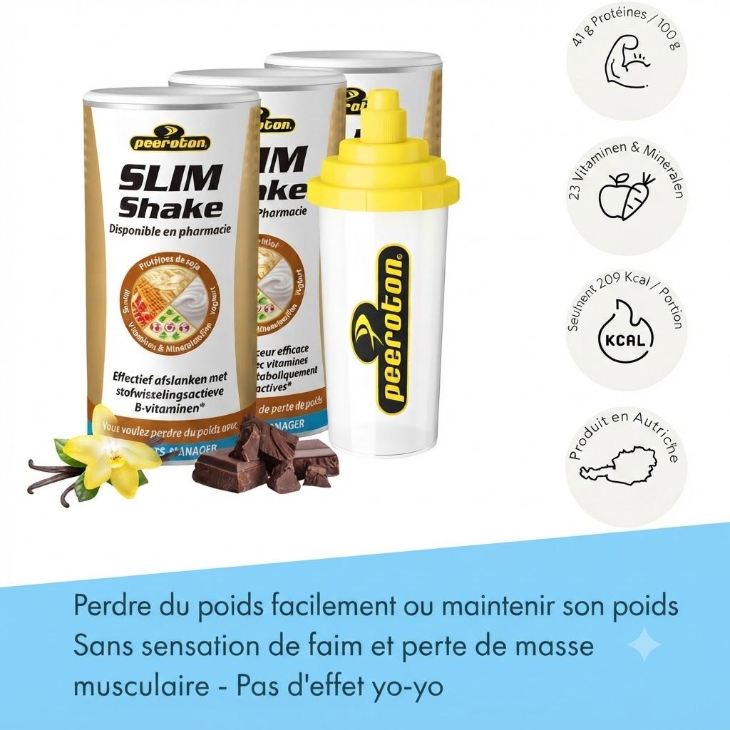 Boîtes Peeroton Slim Shake Vanille avec shaker et informations nutritionnelles.