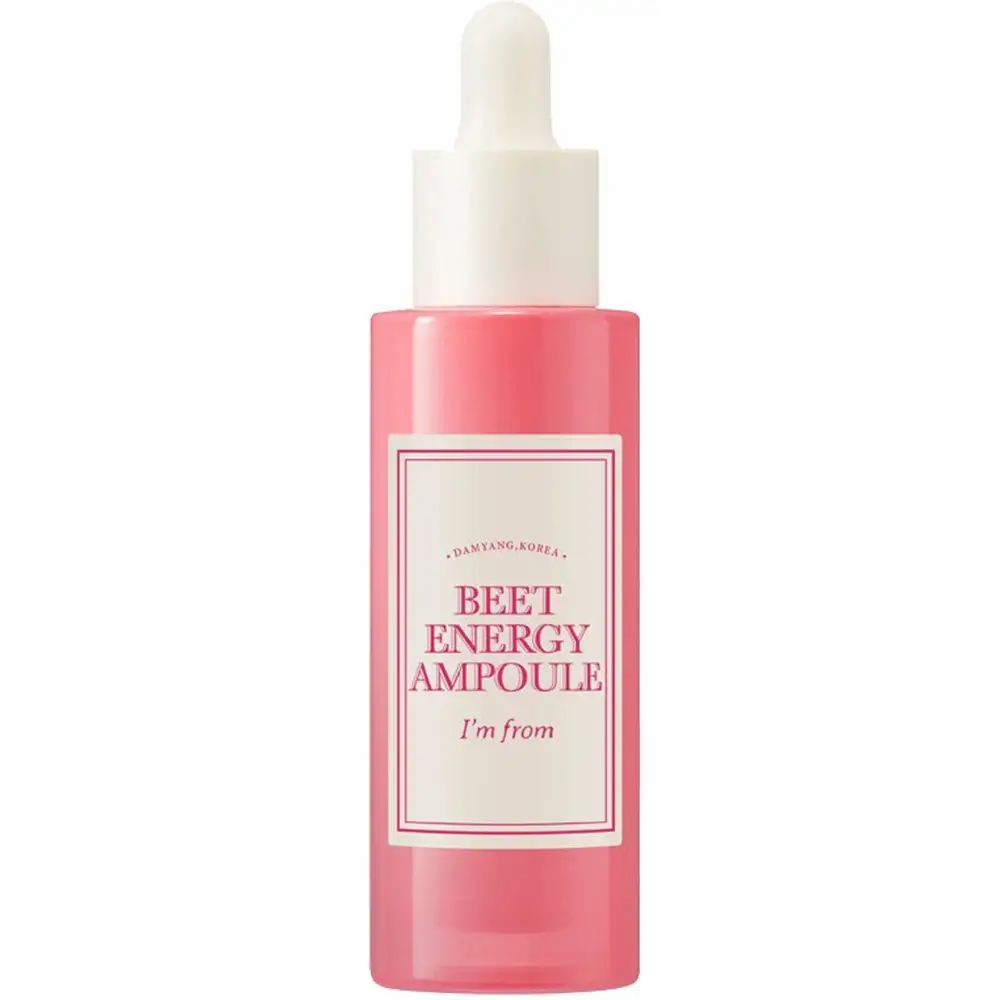 Roze fles met witte dop en pipet. Label met tekst: BEET ENERGY AMPOULE, I'm from.