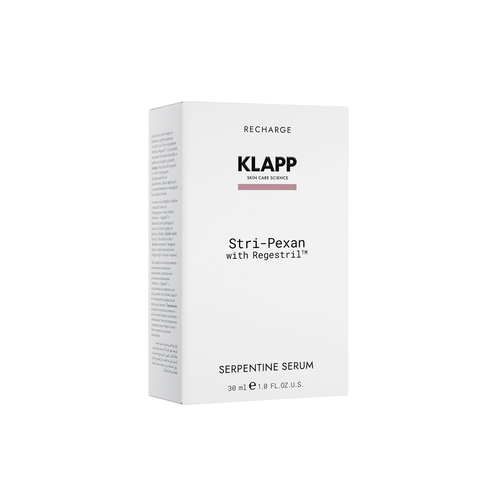 Witte verpakking met opschrift: Klapp, Stri-Pexan Serpentine Serum. Tekst op de verpakking.