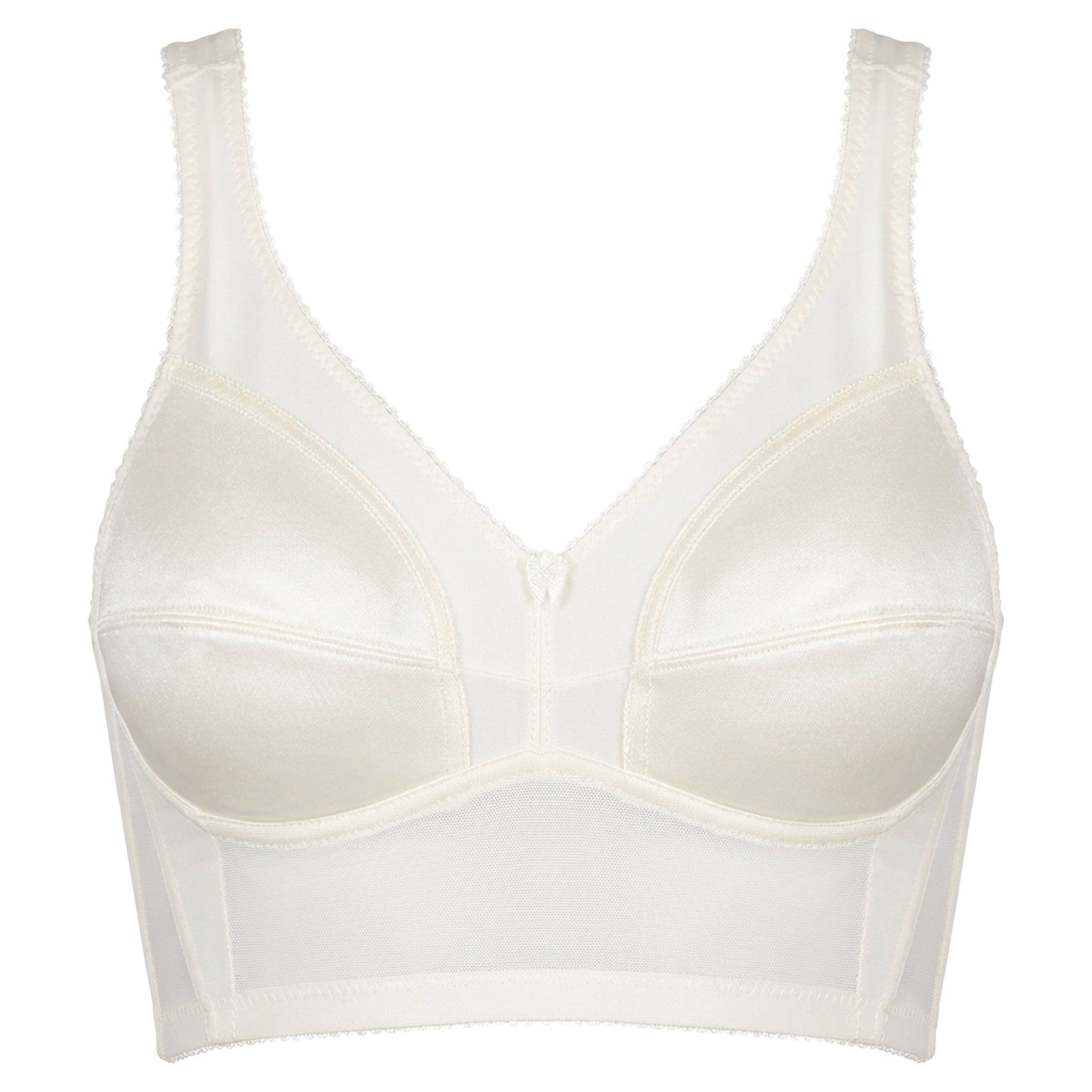 Ivoor beugel-bh met hoge onderbusteband. Satijnlook, cup B. Detail van de bh.