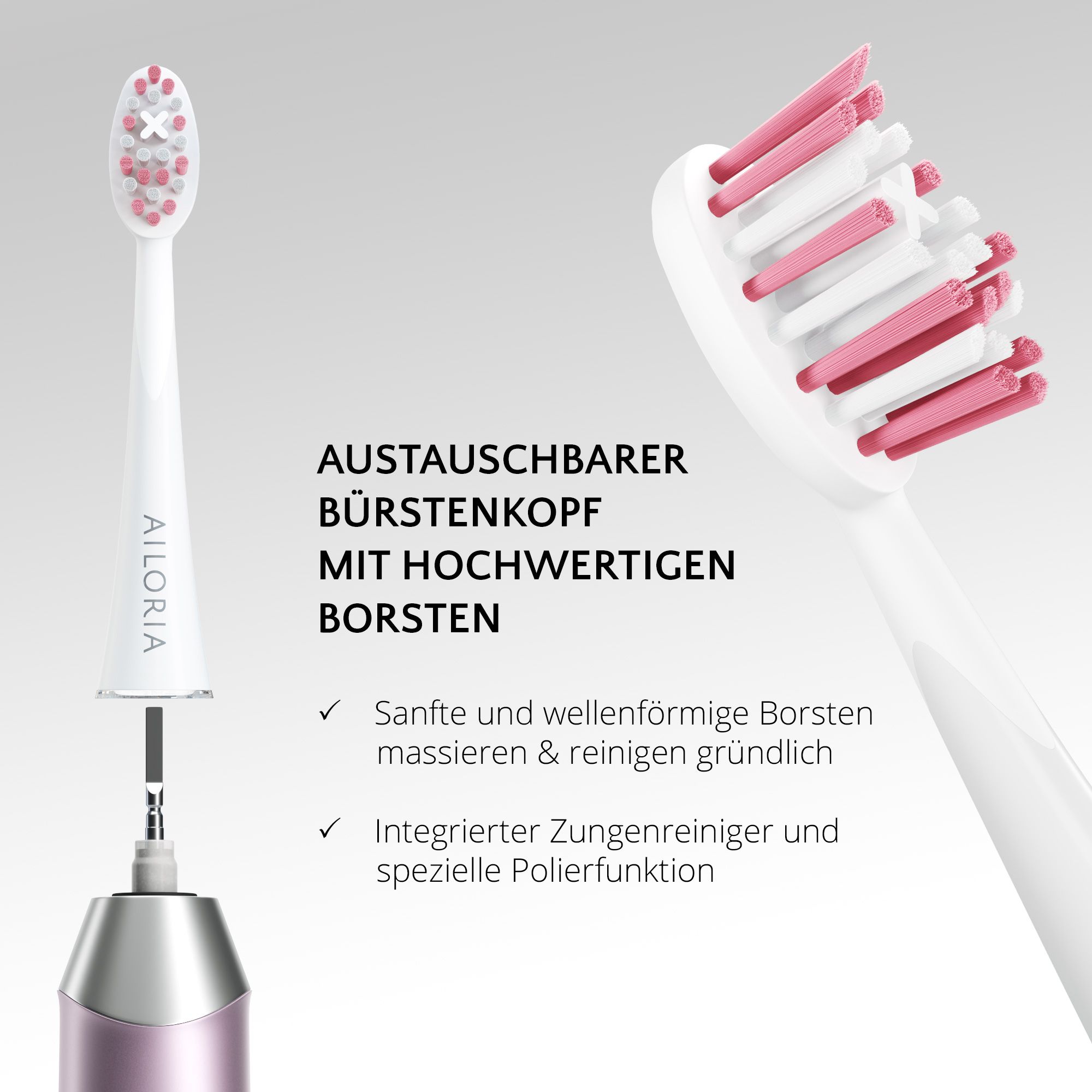 Opzetborstel en reservekop. Verwisselbaar, met hoogwaardige borstelharen. Tekst: Tongreiniger.