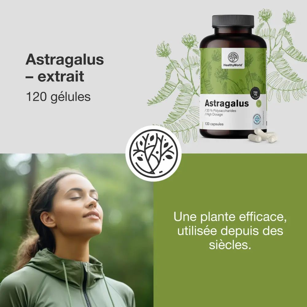 Bouteille d'extrait d'Astragale, à côté d'une femme yeux fermés et d'une plante.