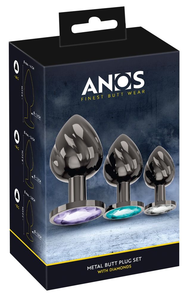 Emballage d'un set de plugs anaux ANOS en métal avec trois plugs de tailles différentes.